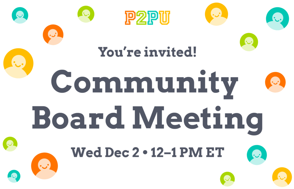 Graphic image containing floating smiley faces and the text: "You're invited! Community Board Meeting, Wed Dec 2 12–1PM ET"