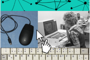 Collage featuring a mouse, keyboard, computer user, and abstract geometric shapes