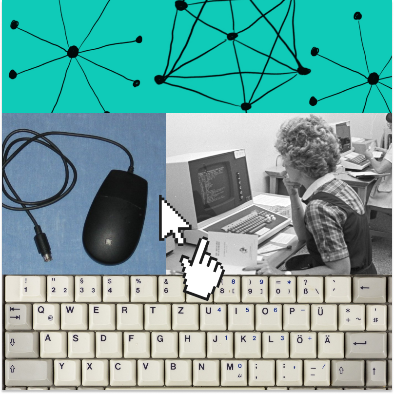 Collage featuring a mouse, keyboard, computer user, and abstract geometric shapes