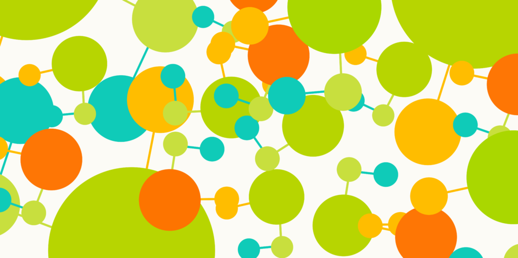 Abstract graphic featuring playful combinations of green, orange, blue, and gold circles