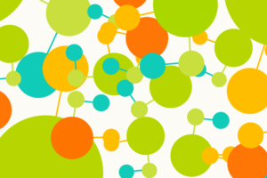 Abstract graphic featuring playful combinations of green, orange, blue, and gold circles