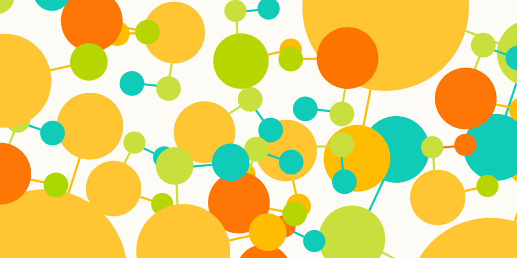 Abstract image featuring circles in P2PU's brand colors - orange, lime green, turquoise, and gold