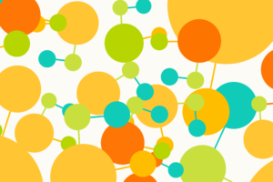 Abstract image featuring circles in P2PU's brand colors - orange, lime green, turquoise, and gold